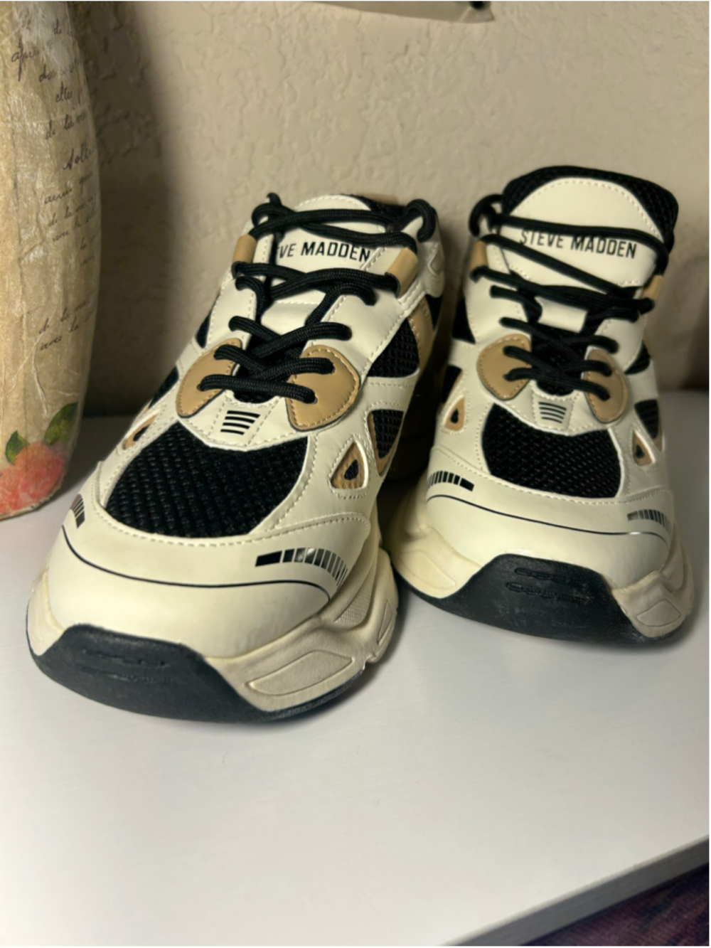 Women's Steve Madden Chunky Sneakers Beige and Black - Picture 6 of 8
